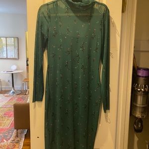 AFRM Midi long sleeve mesh dress with slip, green floral